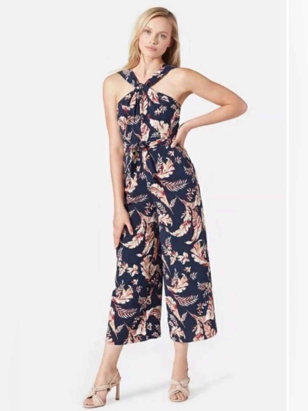 Joie Navy Floral Halter Wide-Leg Jumpsuit